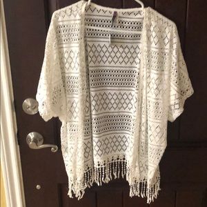 White cutout kimono with small fringe detail
